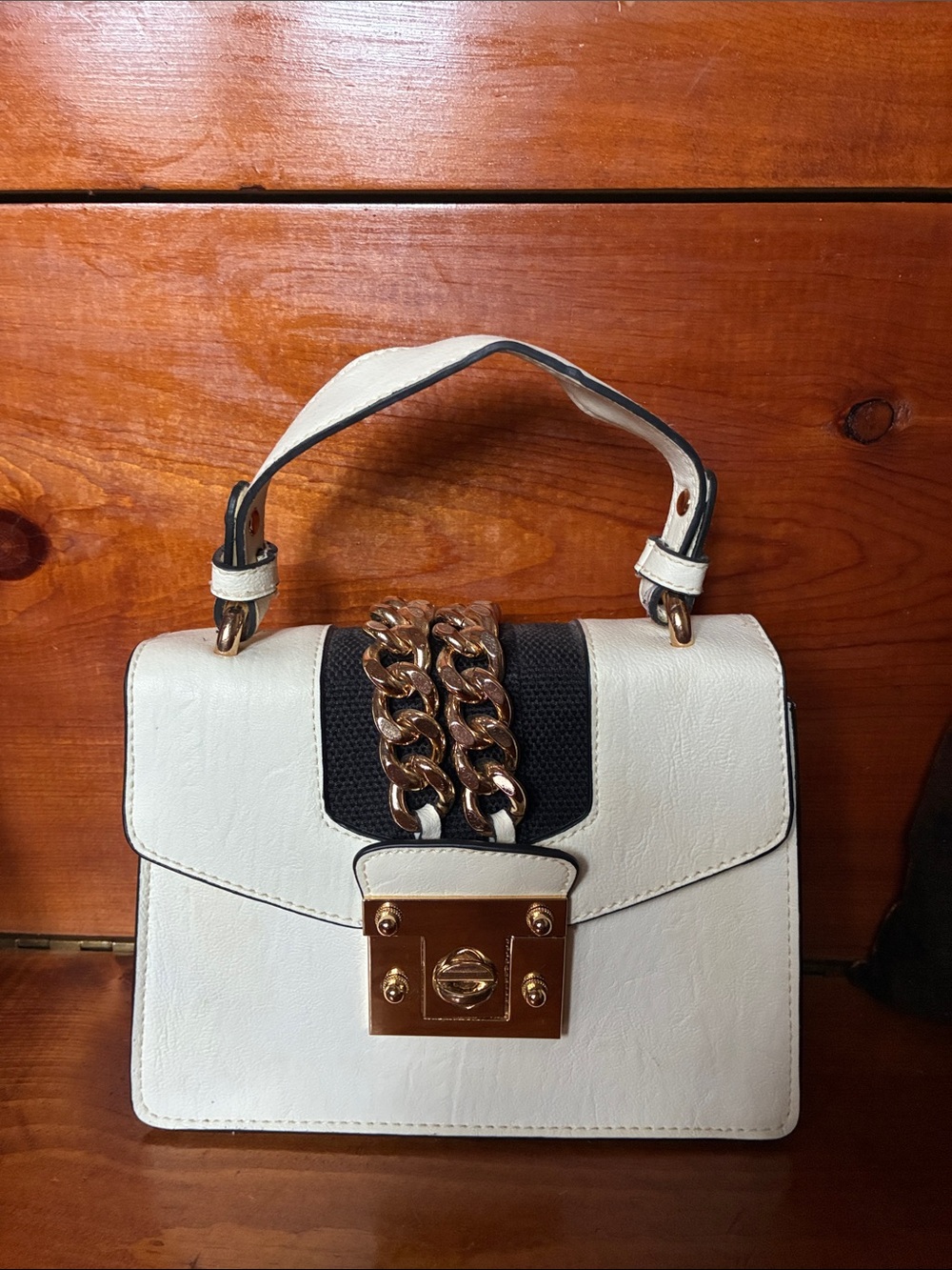 White Top-Handle Satchel with Gold Chain Accent